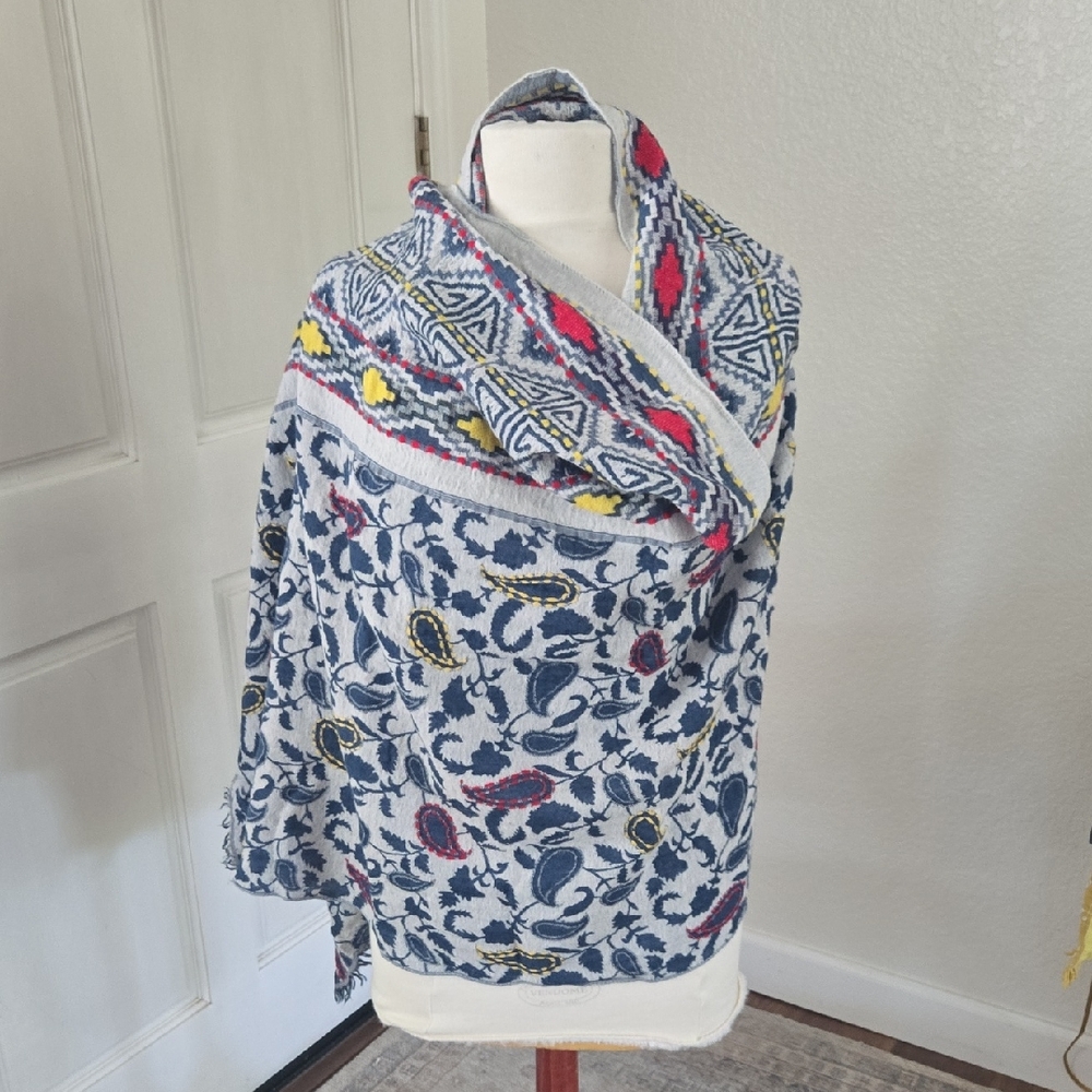 Source Unknown Blue, Red, Yellow Floral Patterned Cape Shawl